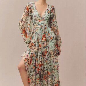 Anthropologie BHLDN Floral Chiffon Plunge Long Sleeve Ruffle Maxi Dress